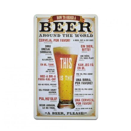 Vintage Dekor Fémtábla, dombornyomott 'BEER' felirat, retro hangulatú kialakítás, egy korsó sör rendelése 21 nyelven, 20x30cm