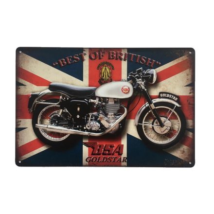Vintage Dekor Fémtábla, dombornyomott, 'Best of British' felirat és BSA Gold Star Motorkerékpár, retro hangulatú kialakítás, 30x20cm