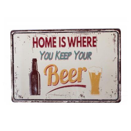 Vintage Dekor Fémtábla, dombornyomott 'Home is Where You Keep Your Beer' felirat, retro hangulatú kialakítás, 30x20cm, fehér háttér