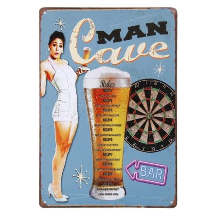 Vintage Dekor Fémtábla, dombornyomott 'MAN Cave' felirat, retro hangulatú kialakítás, 20x30cm, világoskék háttér