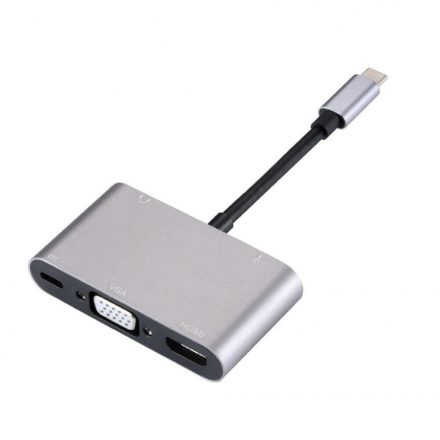5 az 1-ben USB-C elosztó, USB-C-ről 1db HDMI anya, 1db VGA anya, 1db USB-C anya, 1db USB 3.0, 1db 3.5 jack, ezüstszín-fekete