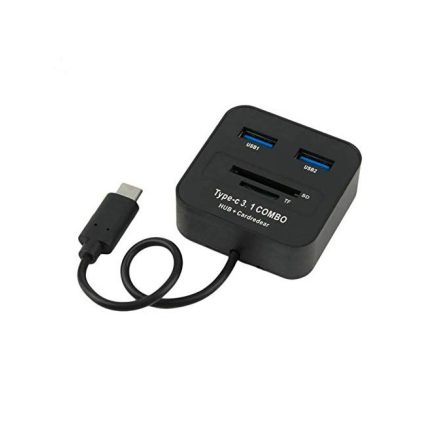  4in1 USB-C OTG kártyaolvasó: 2xUSB 3.0, támogatja a MicroSD/TF SD kártyákat, csatlakozás USB-C Laptophoz/Okostelefonhoz, fekete