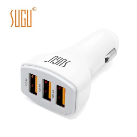 Sugu Autós USB szivargyújtó töltő, 3xUSB csatlakozóval, gyors töltés 5V/4.8A, fehér