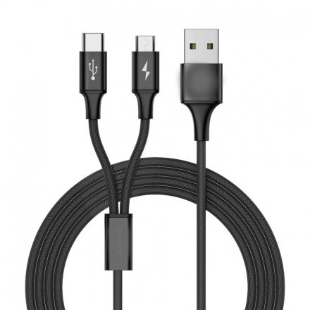Prémium adat és töltő kábel, 2 az 1-ben, USB-ről MicroUSB/USB-C csatlakozó, Android készülékekhez, 1 méter, szürke