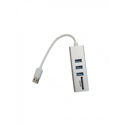 3in1 USB elosztó és kártya olvasó (USB3.0->3xUSB3.0,MicroSD/TF,SD), támogatja a MicroSD/TF és SD kártyákat, USB3.0, Ezüst