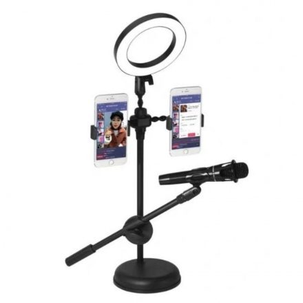 Professzionális Asztali LED Selfie Ring/Körfény, Ø16cm, fotó, videó, live stream, 2xTelefontartóval, 1xMikrofontartó, fekete állvány