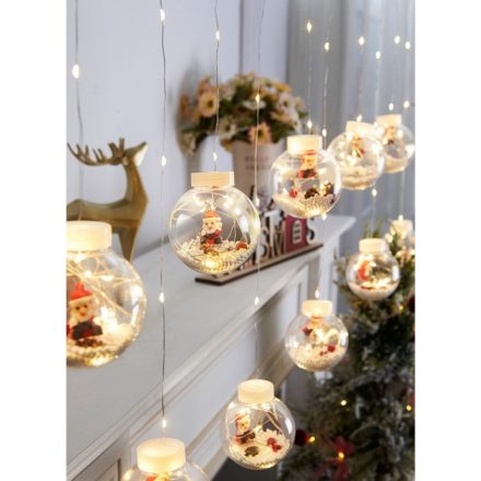 Összefűzhető Santa Claus/Mikulás Gömbök, 3m, LED fényfüzér, 8 világítási mód, 10db gömb, meleg ünnepi sárga fények
