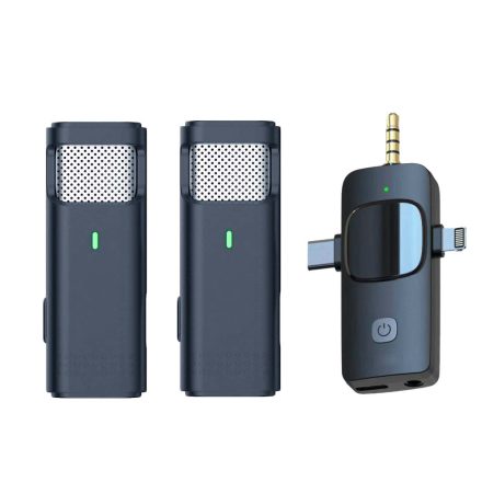 Professzionális Dual Vezeték Nélküli Mikrofon Készlet, 3 az 1-ben, vlogging-, interjú-, élő közvetítés-, videofelvételhez, 2db Omnidirekcionális Mikrofon, 1db RX vevőegység, fekete